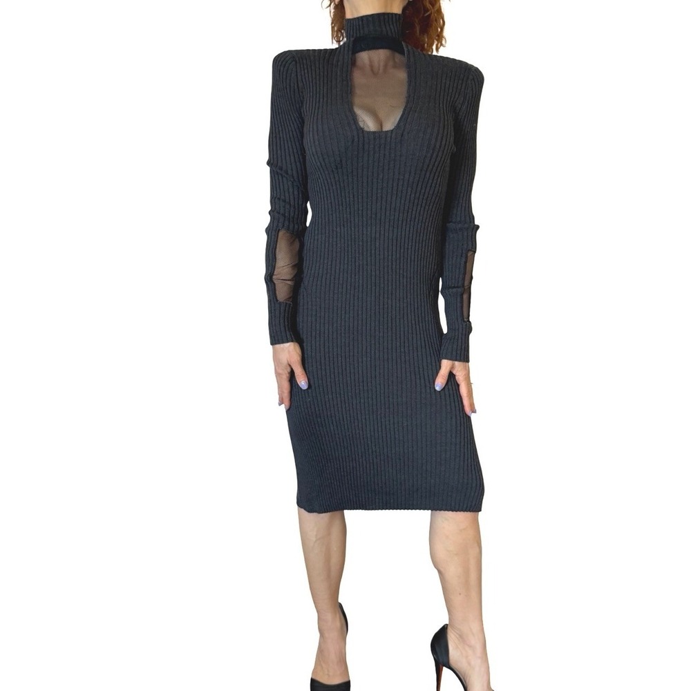 Jean Paul Gaultier VTG Maille Sweater Dress Gray‎ Choker Wool Knit Mesh Insert M